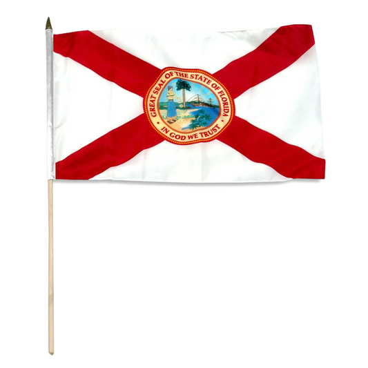 State of Florida stick flag featuring the classic red diagonal cross on a white background with the full-color Florida state seal in the center. The words 'GREAT SEAL OF THE STATE OF FLORIDA' and 'IN GOD WE TRUST' are written on the edges of the seal.