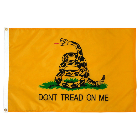 Flag with a snake design and 'Don't Tread on Me' text on an orange background
