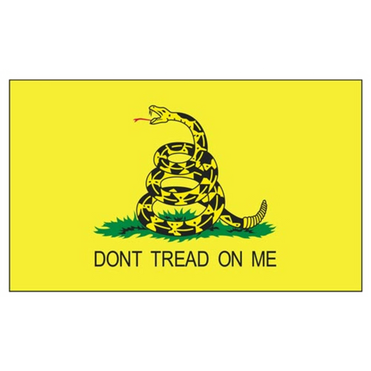 Flag with a snake design and 'Don't Tread on Me' text on a yellow background