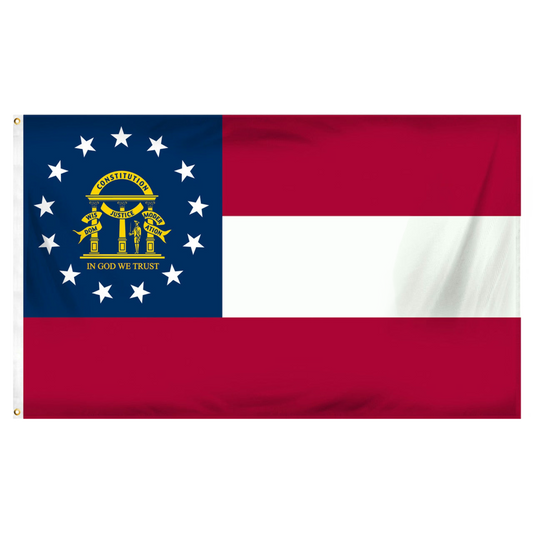 Georgia state flag with blue, red, and white sections featuring stars and a central emblem.