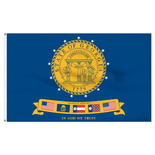 State of Georgia blue flag with a ribbon showing the history of Georgia and its flags.