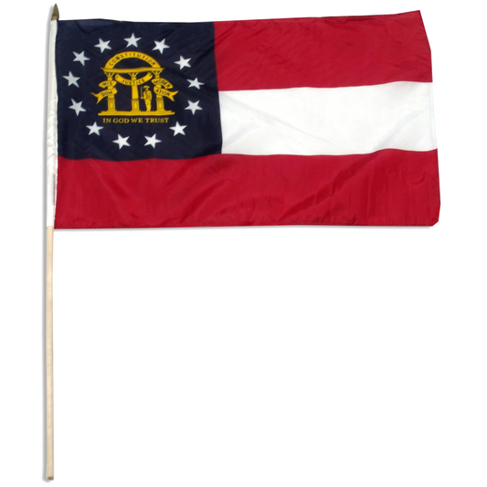 State of Georgia stick flag with three red and white stripes, a blue canton, 13 white stars, and the golden state coat of arms with the text 'In God We Trust' in yellow under the coat of arms.