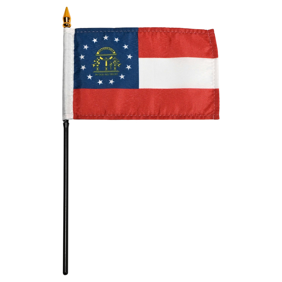 Small Georgia stick flag with blue, red, and white colors on a white background