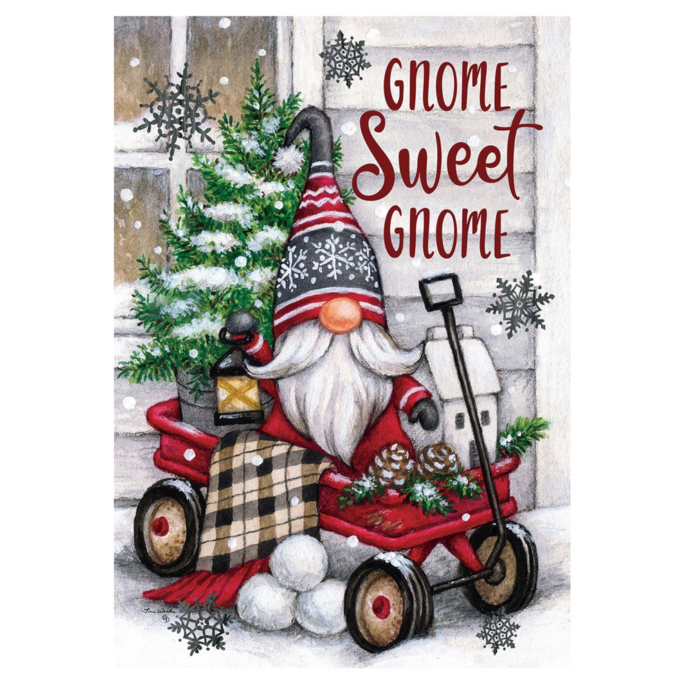 Christmas-themed garden flag banner gnome in a red wagon with a small house and tree, text 'Gnome Sweet Gnome' on a snowy background.