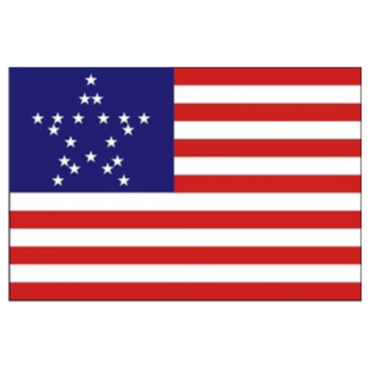 Flag with blue canton with twenty stars forming a star pattern and red and white stripes