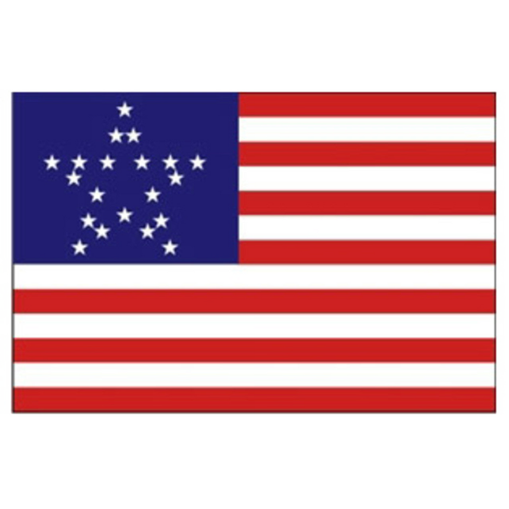 Flag with blue canton with twenty stars forming a star pattern and red and white stripes