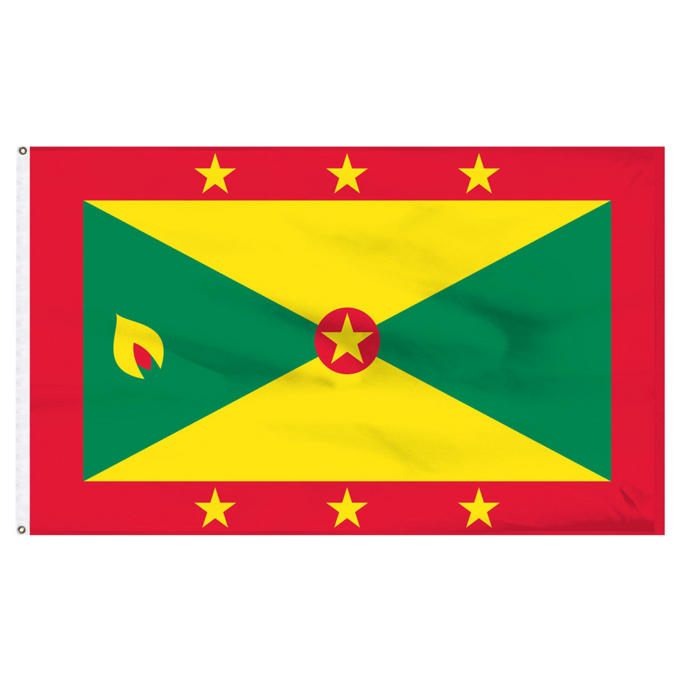 Flag of Grenada with red border and yellow stars with two green triangles and two yellow triangles within the red border. A red circle with a yellow star is in the center.
