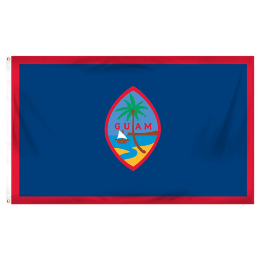 Flag of Guam with a red border on a blue background and an oval center featuring a beach scene with a tree and a sailboat