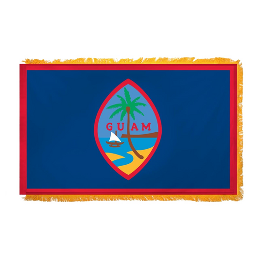 Flag of Guam with a red border on a blue background and an oval center featuring a beach scene with a tree and a sailboat