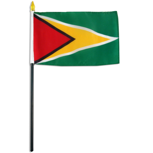 Flag of Guyana featuring red triangle with black outline inside a yellow triangle with white outline on a green background. Flag is on a white background