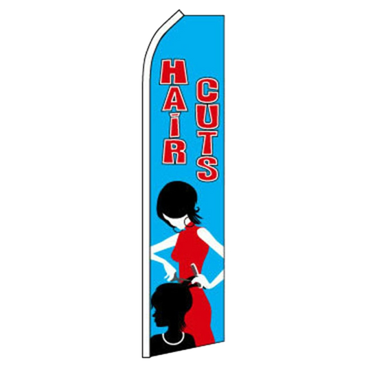 Swooper flag with 'Haircuts' text and silhouette of a woman in a red dress on a blue background.