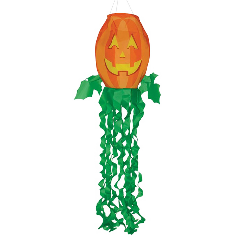Halloween pumpkin windsock with green leaf accents and long green streamers.