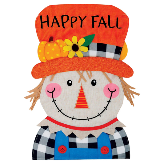 Scarecrow decorative flag with 'Happy Fall' hat on a white background