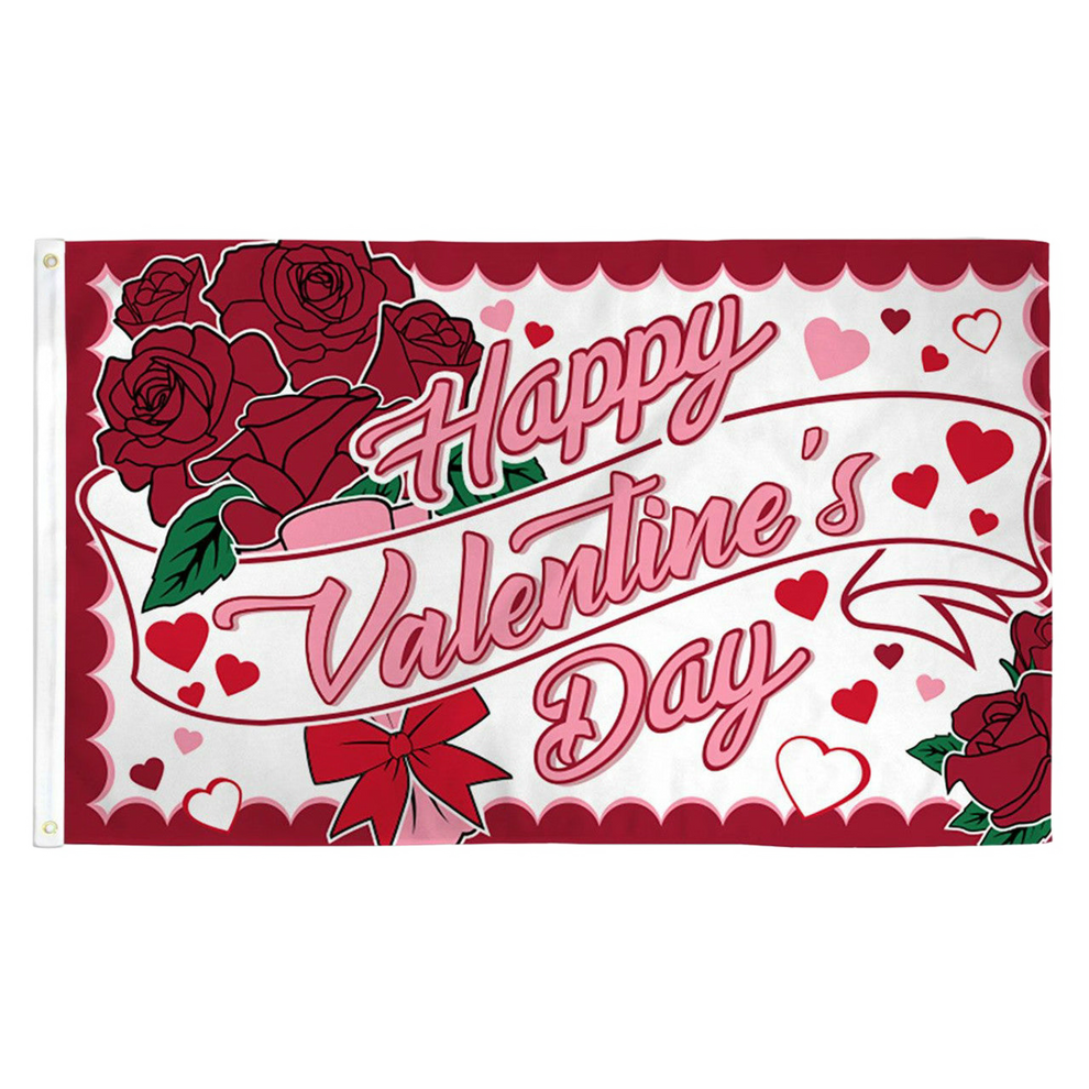 Valentine's Day-themed banner with red roses, hearts, and a bow on a white background.