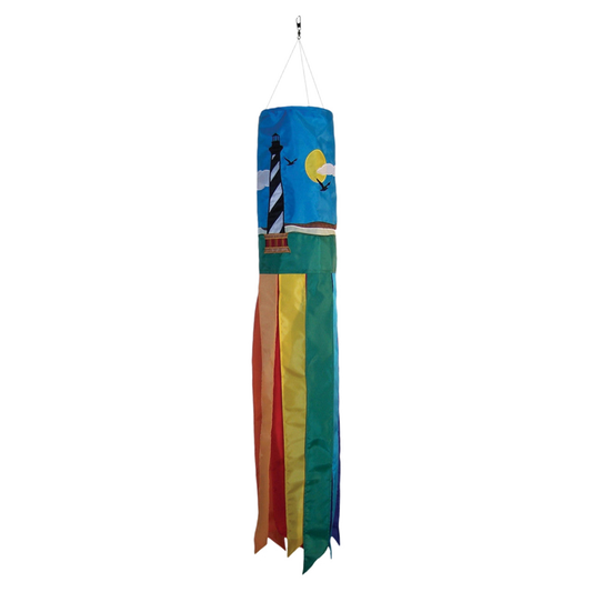 Lighthouse-themed windsock with colorful hanging tails.