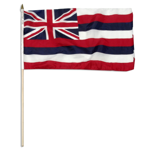 State of Hawaii stick flag featuring the traditional eight horizontal white, red, and blue stripes with the British Union Jack canton in the top left corner.