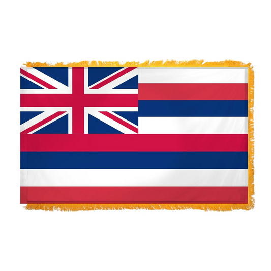 Hawaii state flag with a Union Jack canton and eight horizontal white, red, and blue stripes, trimmed with gold fringe.