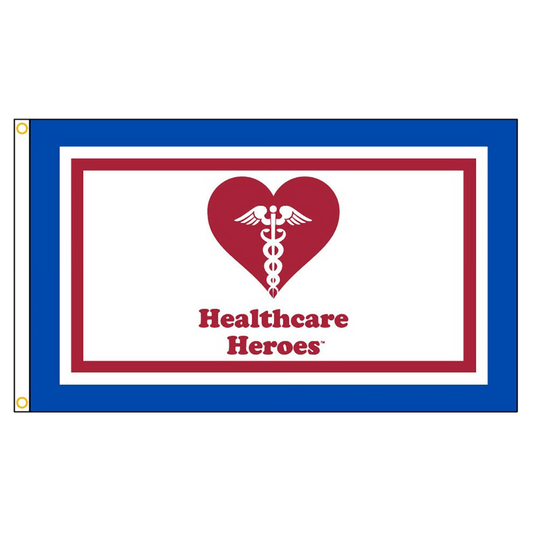 Flag with a red heart and caduceus symbol, labeled 'Healthcare Heroes', on a white background.
