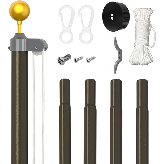 A flagpole kit laid out on a white background, including a dark brown flagpole with a gold ball finial, mounting hardware, four additional pole sections, white rope, white clips, a black cap, and a gray bracket.