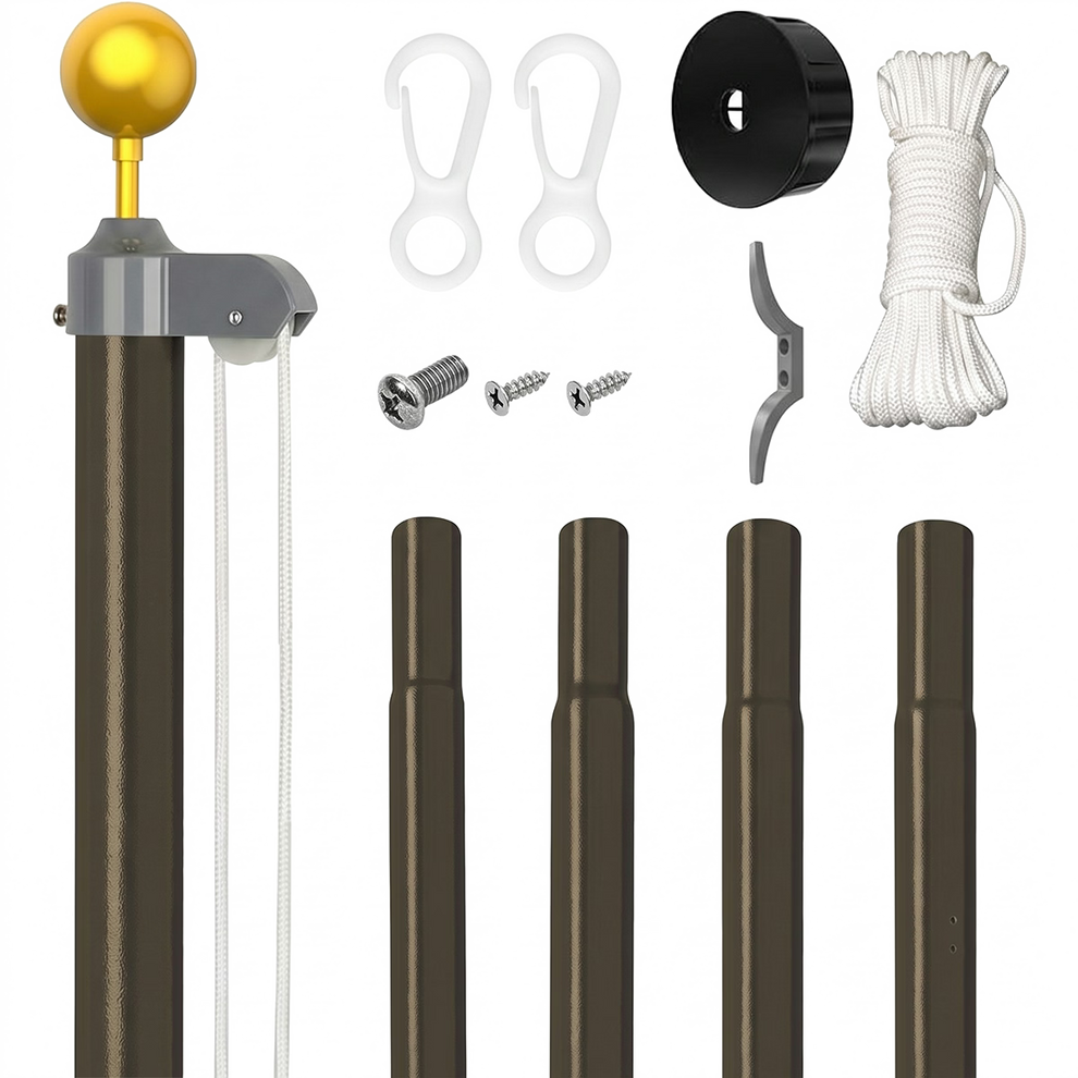 A flagpole kit laid out on a white background, including a dark brown flagpole with a gold ball finial, mounting hardware, four additional pole sections, white rope, white clips, a black cap, and a gray bracket.