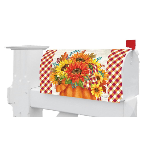 White mailbox with a decorative cover featuring sunflowers and checkered pattern on a white background