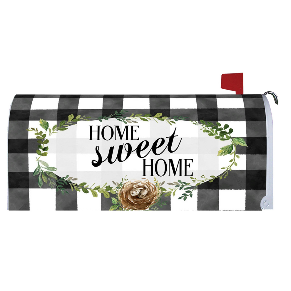 Mailbox cover with 'Home sweet home' text, checkered pattern, and decorative elements on a white background.