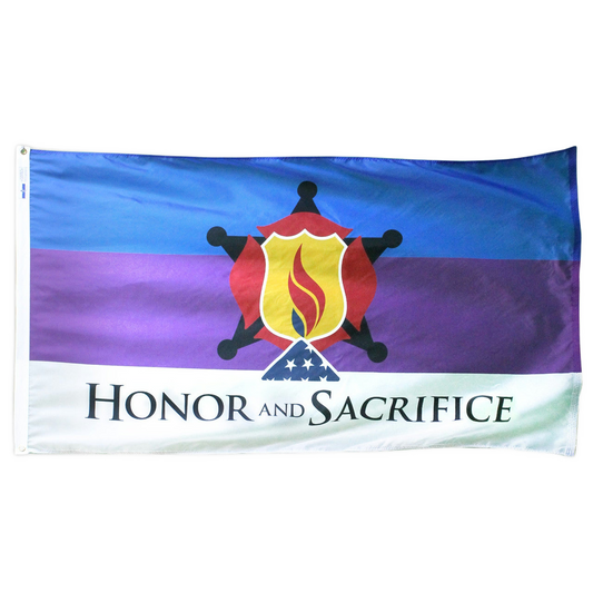 “Honor and Sacrifice” flag with blue, purple, and white stripes and a central emblem.