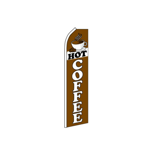 Brown swooper flag with 'Hot Coffee' text and a coffee cup icon on a white background