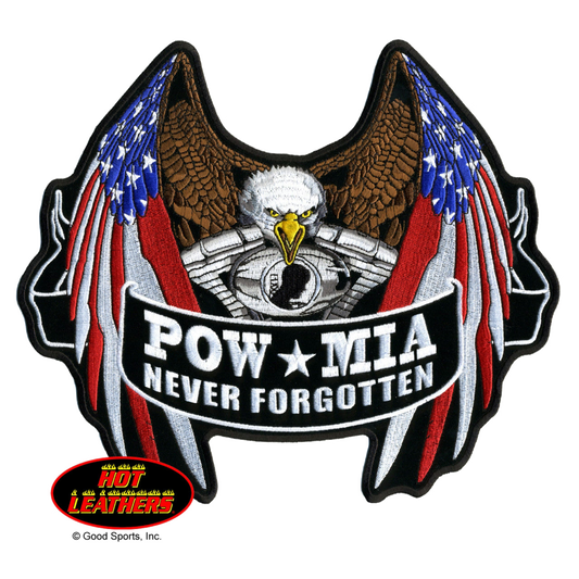 Patch with eagle, American flag, and 'POW MIA Never Forgotten' text on a white background.
