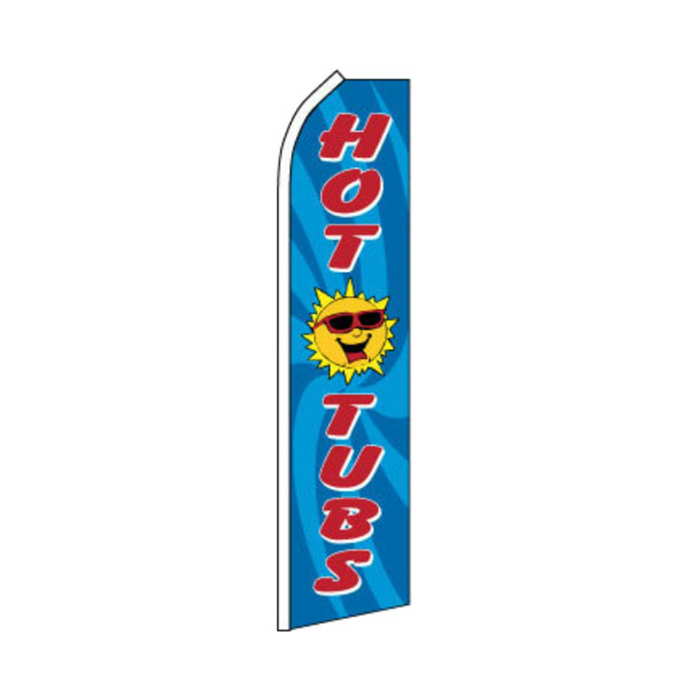 Swooper flag with 'HOT TUBS' text and a sun graphic on a blue background