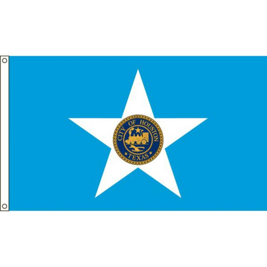 City of Houston flag with a white star and city seal on a blue background