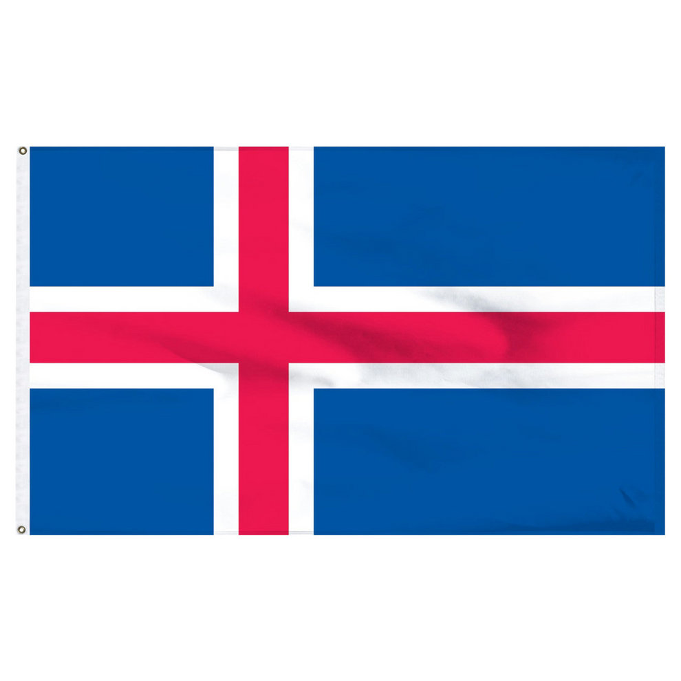Flag of Iceland with a red cross outlined in white on a blue background. Flag is on a white background.