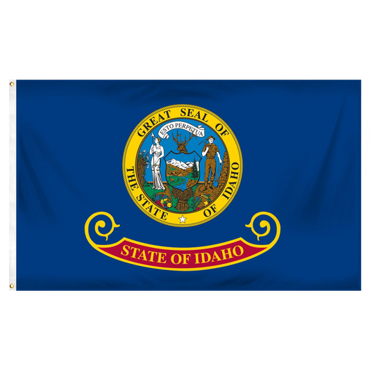 State of Idaho flag featuring the full-color state seal with the text 'ESTO PERPETUA' on a blue background with the 'State of Idaho' red and gold banner.