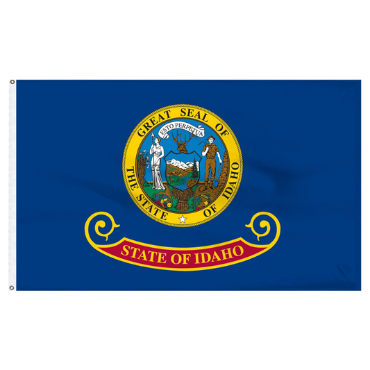 State of Idaho flag featuring the full-color state seal with the text 'ESTO PERPETUA' on a blue background with the 'State of Idaho' red and gold banner.