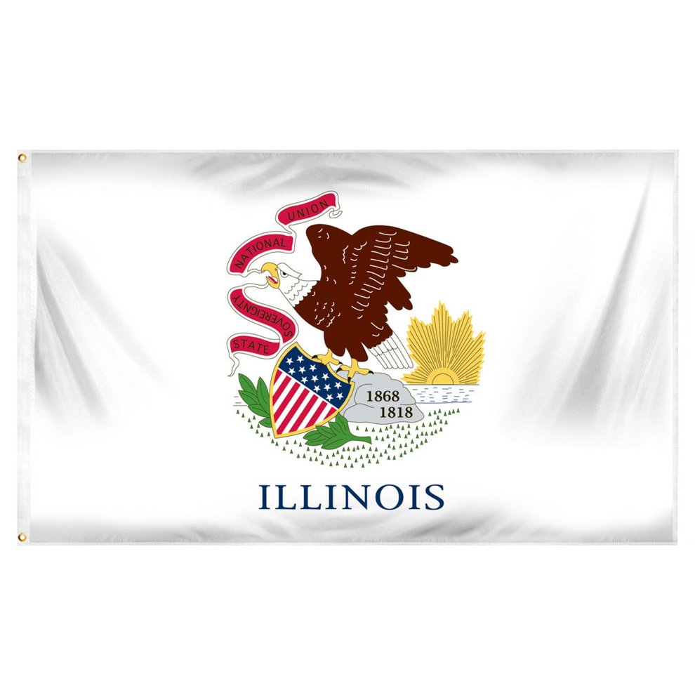 State of Illinois white flag featuring the Illinois state seal centered, depicting a bald eagle perched on a rock holding a red banner in its beak with the text 'STATE', 'SOVEREIGNTY', 'NATIONAL', 'UNION'. The rock features the dates '1818' and '1868', and the word 'ILLINOIS' is printed in large black all-caps letters directly below the seal.