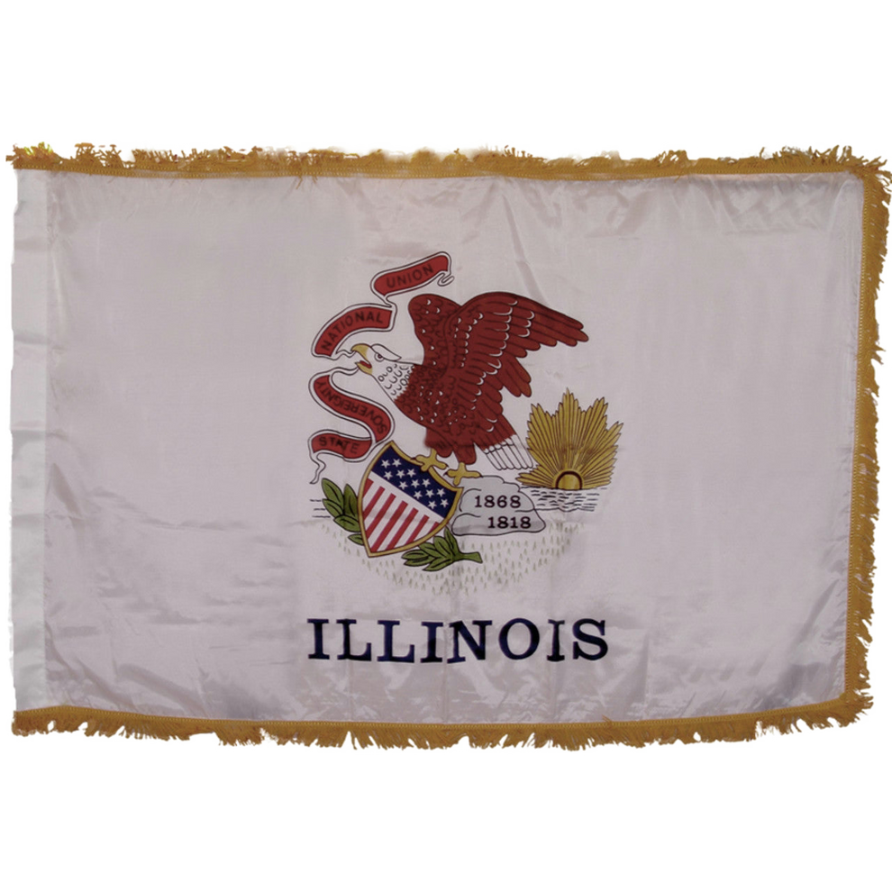 State of Illinois white flag featuring the Illinois state seal centered, depicting a bald eagle perched on a rock holding a red banner in its beak with the text 'STATE', 'SOVEREIGNTY', 'NATIONAL', 'UNION'. The rock features the dates '1818' and '1868', and the word 'ILLINOIS' is printed in large black all-caps letters directly below the seal. This flag features yellow fringe.