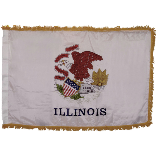 State of Illinois white flag featuring the Illinois state seal centered, depicting a bald eagle perched on a rock holding a red banner in its beak with the text 'STATE', 'SOVEREIGNTY', 'NATIONAL', 'UNION'. The rock features the dates '1818' and '1868', and the word 'ILLINOIS' is printed in large black all-caps letters directly below the seal. This flag features yellow fringe.