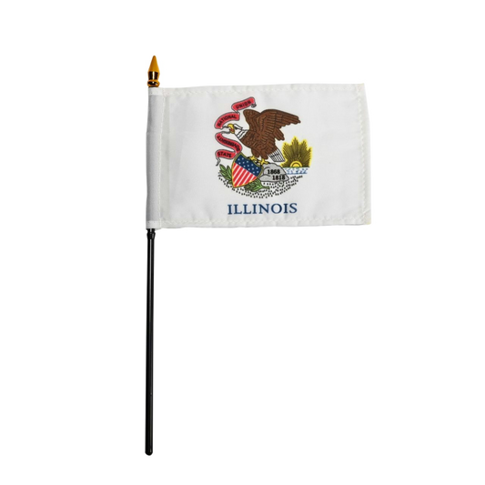State of Illinois white stick flag featuring the Illinois state seal centered, depicting a bald eagle perched on a rock holding a red banner in its beak with the text 'STATE', 'SOVEREIGNTY', 'NATIONAL', 'UNION'. The rock features the dates '1818' and '1868', and the word 'ILLINOIS' is printed in large black all-caps letters directly below the seal.