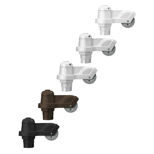 Five inline single revolving trucks for flagpoles in different finishes including silver, white, bronze, and black