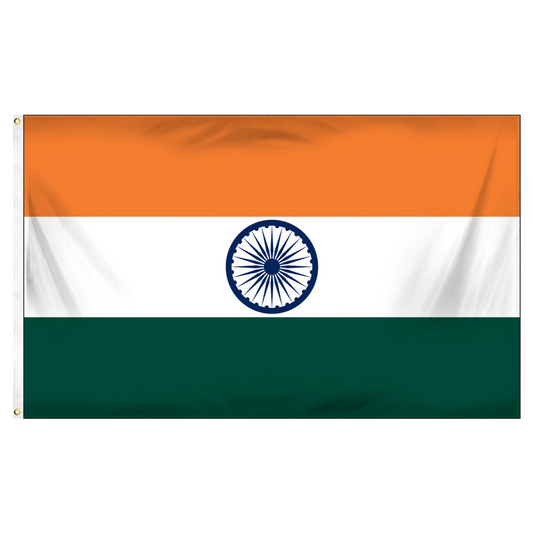 Flag of India with three horizontal stripes: orange, white, and green, featuring a blue wheel in the center.