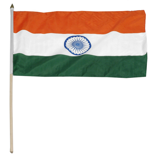Flag of India with three horizontal stripes: orange, white, and green, featuring a blue wheel in the center.