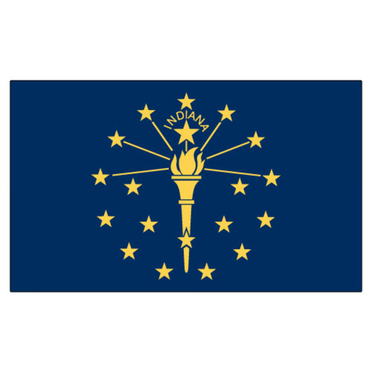 State of Indiana flag featuring the gold torch, nineteen gold stars, and the 'Indiana' text on a solid blue field.