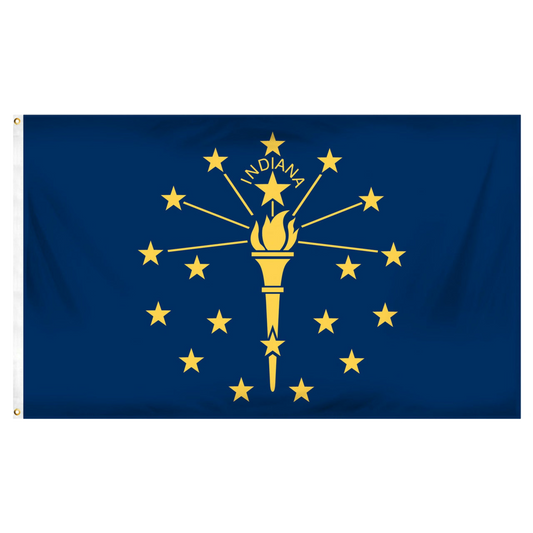 State of Indiana flag featuring the gold torch, nineteen gold stars, and the 'Indiana' text on a solid blue field.