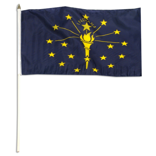 State of Indiana stick flag featuring the gold torch, nineteen gold stars, and the 'Indiana' text on a solid blue field.