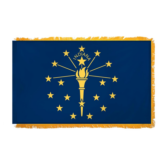 State of Indiana flag featuring the gold torch, nineteen gold stars, and the 'Indiana' text on a solid blue field with yellow fringe on its edges.