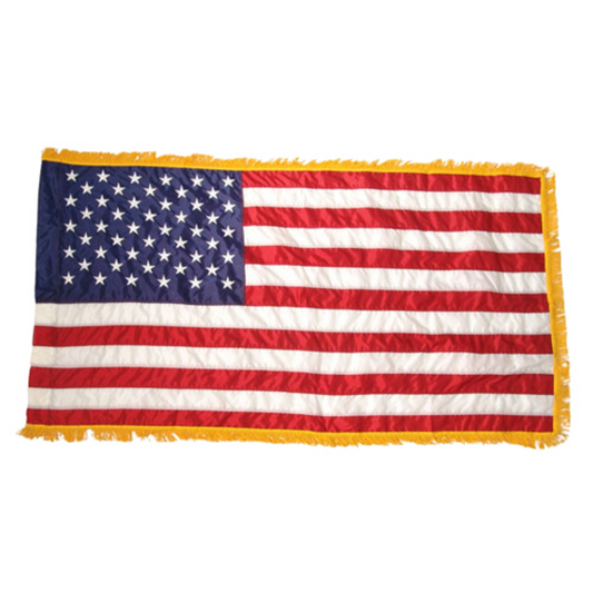 American flag with yellow fringe on a white background