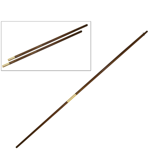 A wooden flagpole with two components shown both separately and assembled