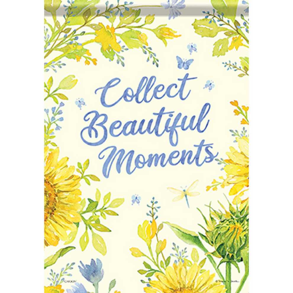 Decorative flag with a floral design with 'Collect Beautiful Moments' text on a white background