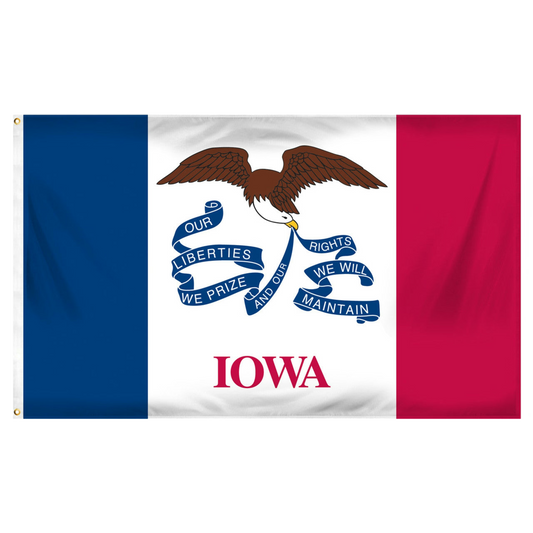 State of Iowa flag featuring three vertical stripes of blue, white, and red, with the center white stripe being wider than the outer two. In the center white field, a bald eagle flies carrying a long, waving blue streamer in its beak that reads 'OUR LIBERTIES WE PRIZE AND OUR RIGHTS WE WILL MAINTAIN'. Directly below the streamer, the word 'IOWA' is printed in large, red all-caps letters.