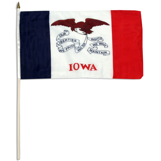 State of Iowa stick flag featuring three vertical stripes of blue, white, and red, with the center white stripe being wider than the outer two. In the center white field, a bald eagle flies carrying a long, waving blue streamer in its beak that reads 'OUR LIBERTIES WE PRIZE AND OUR RIGHTS WE WILL MAINTAIN'. Directly below the streamer, the word 'IOWA' is printed in large, red all-caps letters.